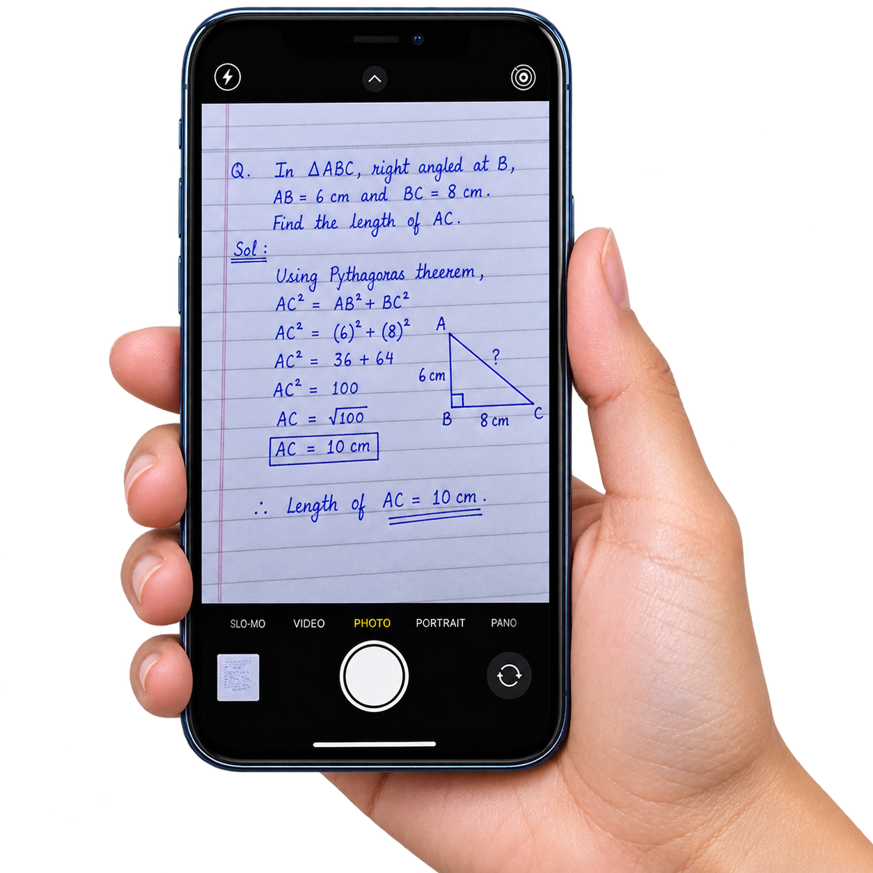 Student photographing a handwritten answer sheet